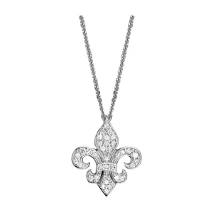 Small Diamond Fleur De Lis Pendant and Chain in 14K White Gold