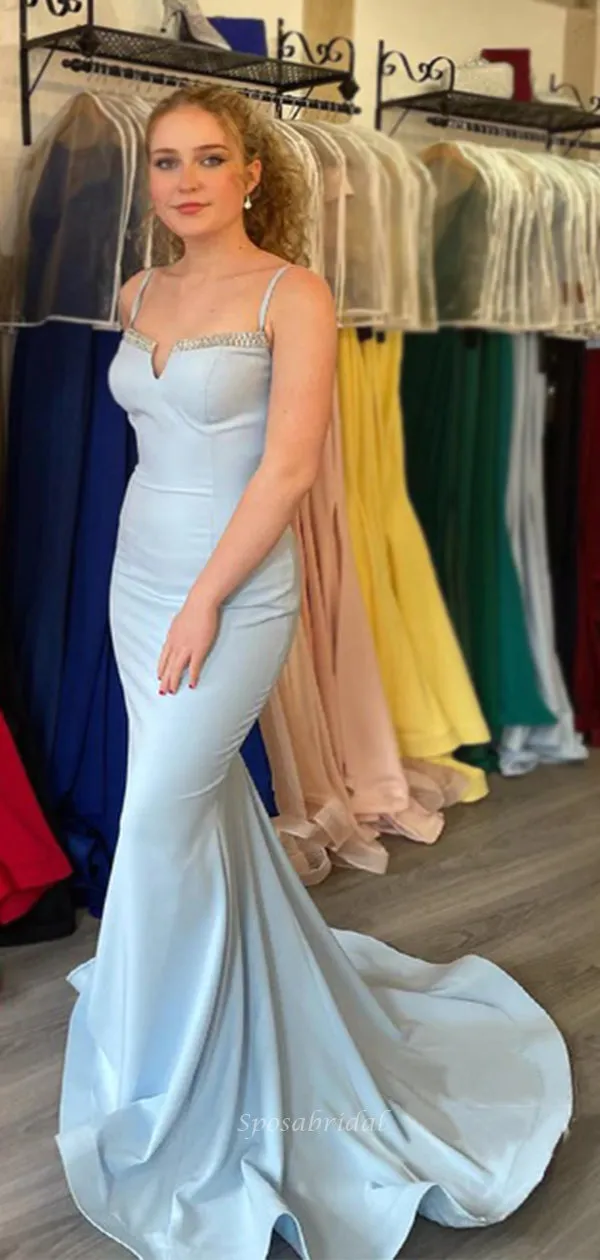 Spaghetti Straps Sexy Blue Hollow Back Mermaid Long Prom Dress, PD3485