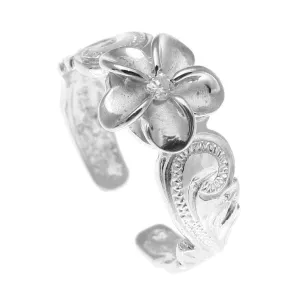 STERLING SILVER 925 HAWAIIAN PLUMERIA FLOWER SCROLL ENGRAVED TOE RING RHODIUM