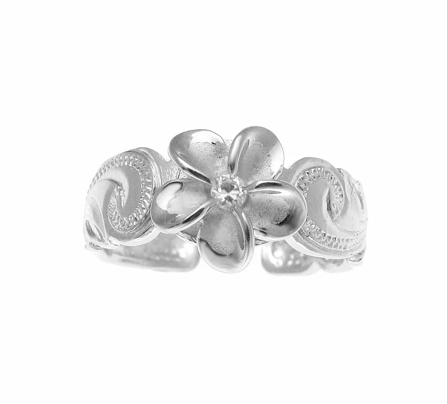STERLING SILVER 925 HAWAIIAN PLUMERIA FLOWER SCROLL ENGRAVED TOE RING RHODIUM