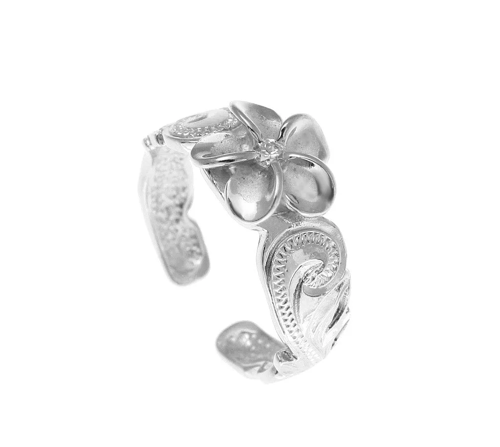 STERLING SILVER 925 HAWAIIAN PLUMERIA FLOWER SCROLL ENGRAVED TOE RING RHODIUM