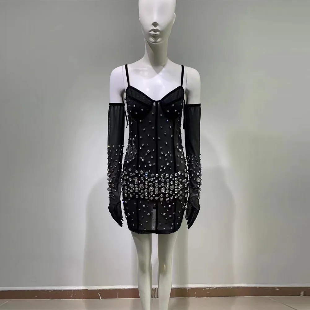 Strappy Sleeveless Rhinestone Mini Bodycon Dress HT906