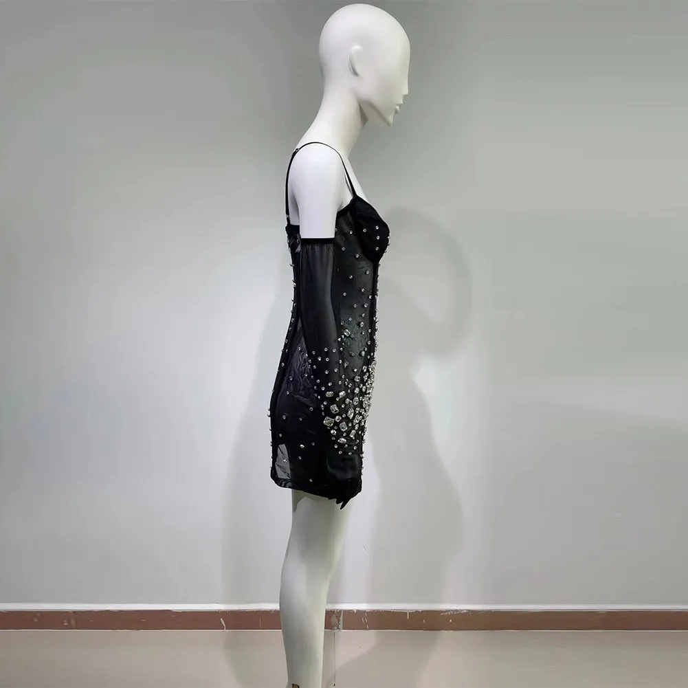 Strappy Sleeveless Rhinestone Mini Bodycon Dress HT906
