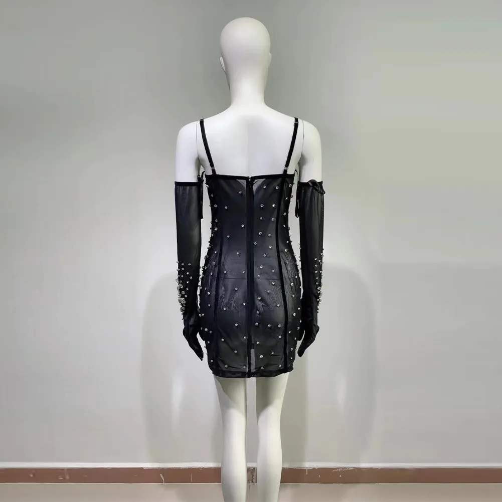 Strappy Sleeveless Rhinestone Mini Bodycon Dress HT906