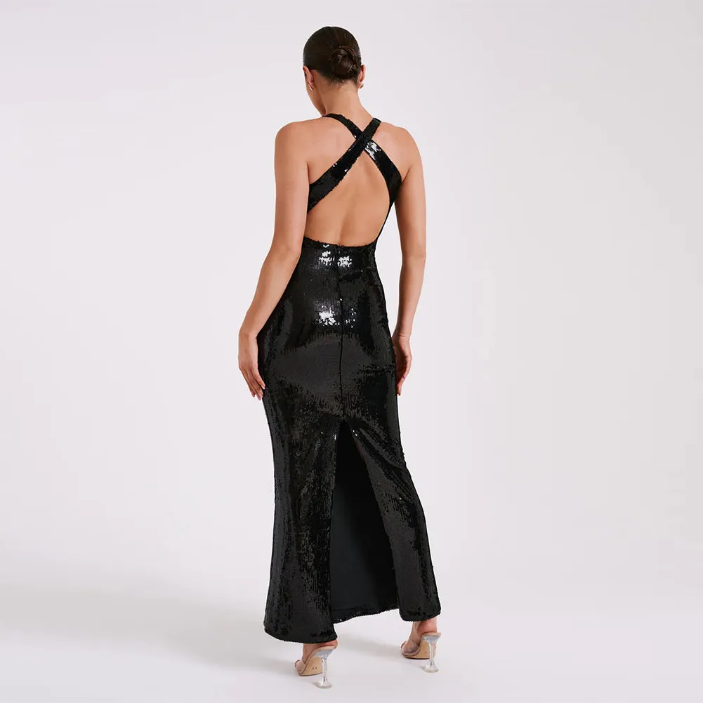 Strappy Sleeveless Sequins Maxi Dress KLYF1052
