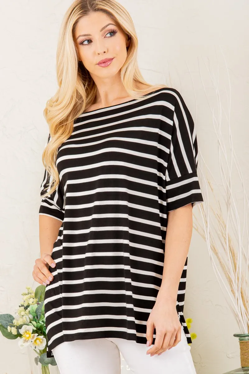 Take Me on a Ride Boat Neck Tee in Black & White Stripe
