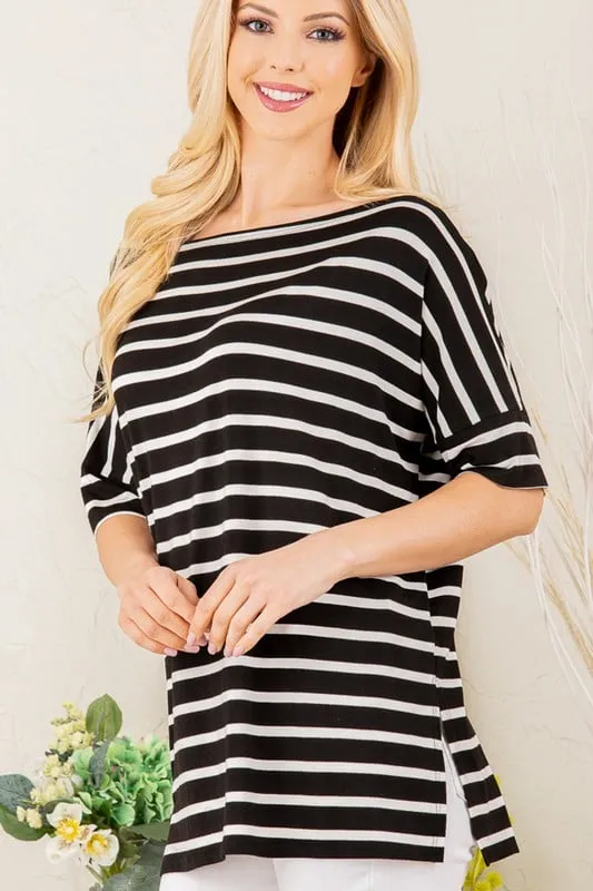 Take Me on a Ride Boat Neck Tee in Black & White Stripe