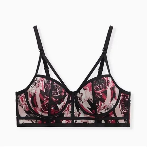Torrid 1 BLACK PINK ROSE POWER MESH STRAPPY UNLINED UNDERWIRE LONGLINE BRALETTE