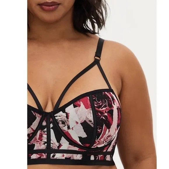 Torrid 1 BLACK PINK ROSE POWER MESH STRAPPY UNLINED UNDERWIRE LONGLINE BRALETTE