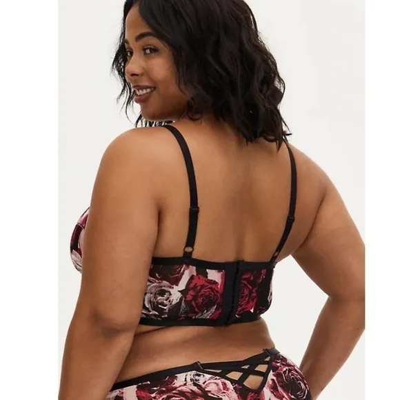 Torrid 1 BLACK PINK ROSE POWER MESH STRAPPY UNLINED UNDERWIRE LONGLINE BRALETTE