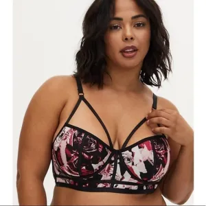 Torrid 1 BLACK PINK ROSE POWER MESH STRAPPY UNLINED UNDERWIRE LONGLINE BRALETTE