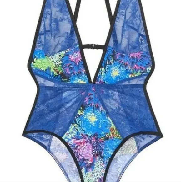 VICTORIA x MARY KATRANTZOU Plunge Bodysuit Teddy Floral BLUE Lingerie Medium