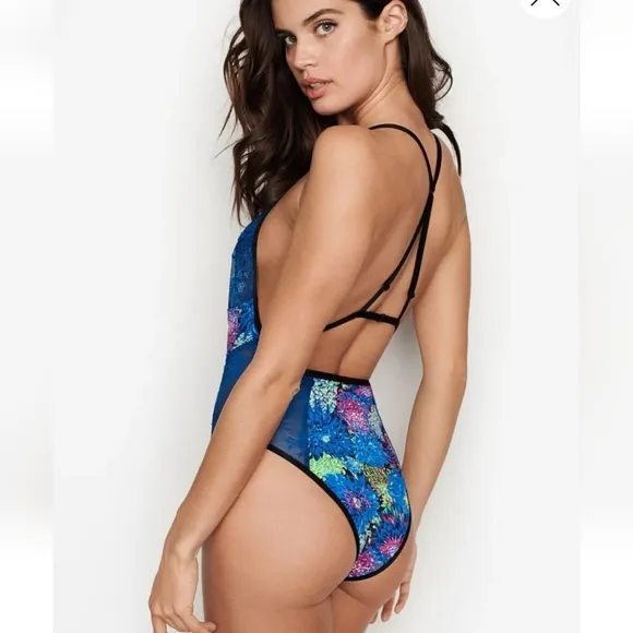 VICTORIA x MARY KATRANTZOU Plunge Bodysuit Teddy Floral BLUE Lingerie Medium