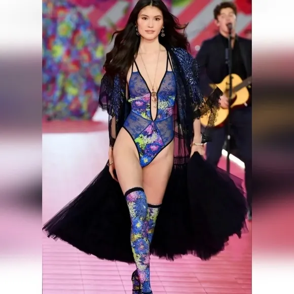 VICTORIA x MARY KATRANTZOU Plunge Bodysuit Teddy Floral BLUE Lingerie Medium