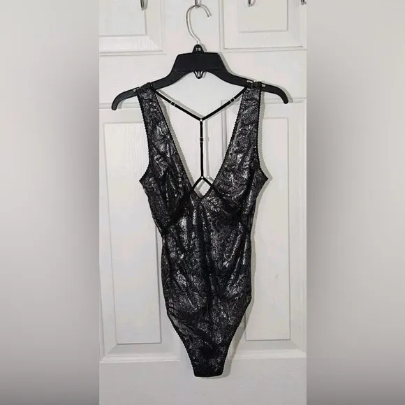 Victoria’s Secret Black Metallic Palm Lace Strappy Bodysuit