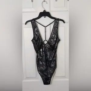 Victoria’s Secret Black Metallic Palm Lace Strappy Bodysuit