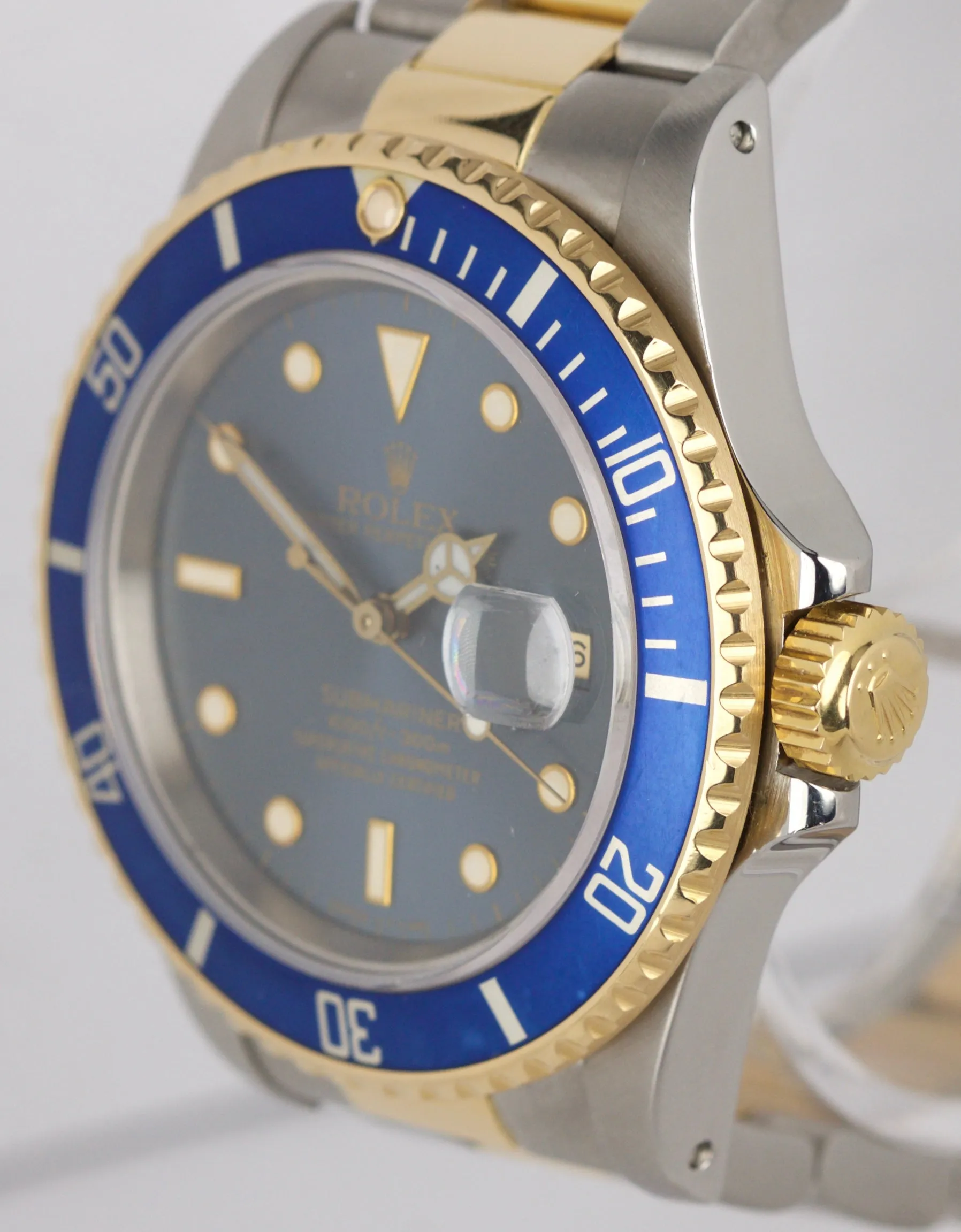 Vintage Rolex Submariner 16803 Two-Tone Gold Steel Tropical Blue 40mm Date Watch