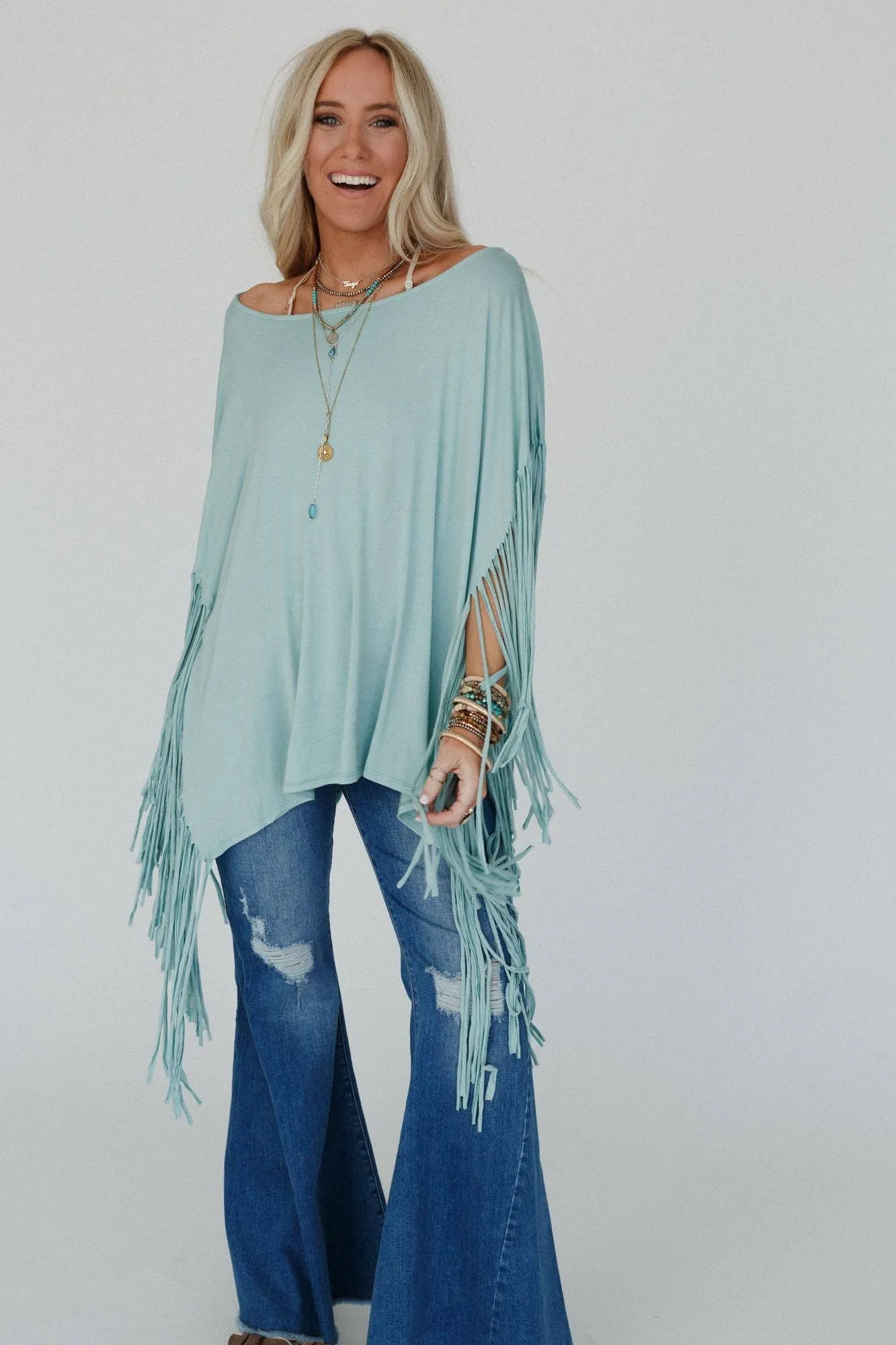 Washed Seafoam Showstopper Fringe Top