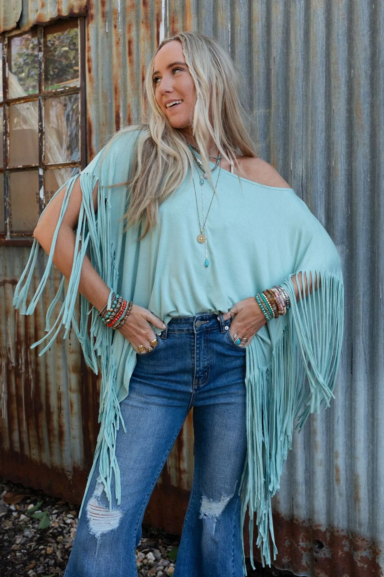 Washed Seafoam Showstopper Fringe Top