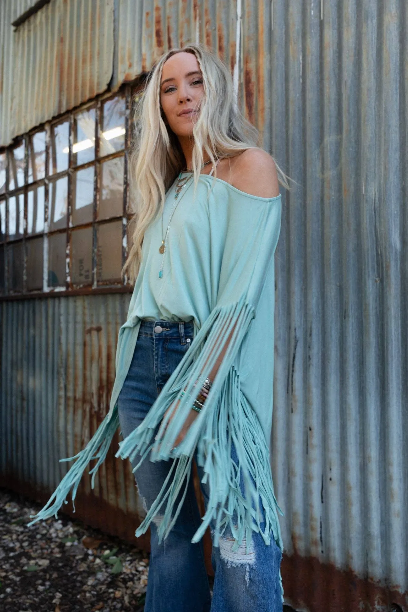 Washed Seafoam Showstopper Fringe Top