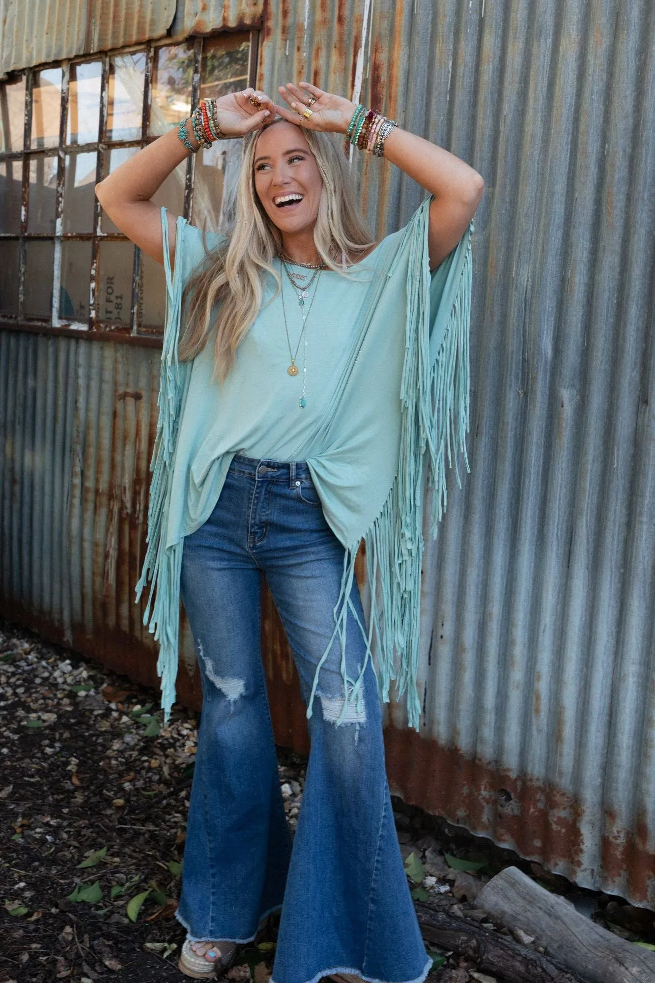 Washed Seafoam Showstopper Fringe Top