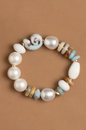 White Pearl Blue Mix Stretchy Bracelet