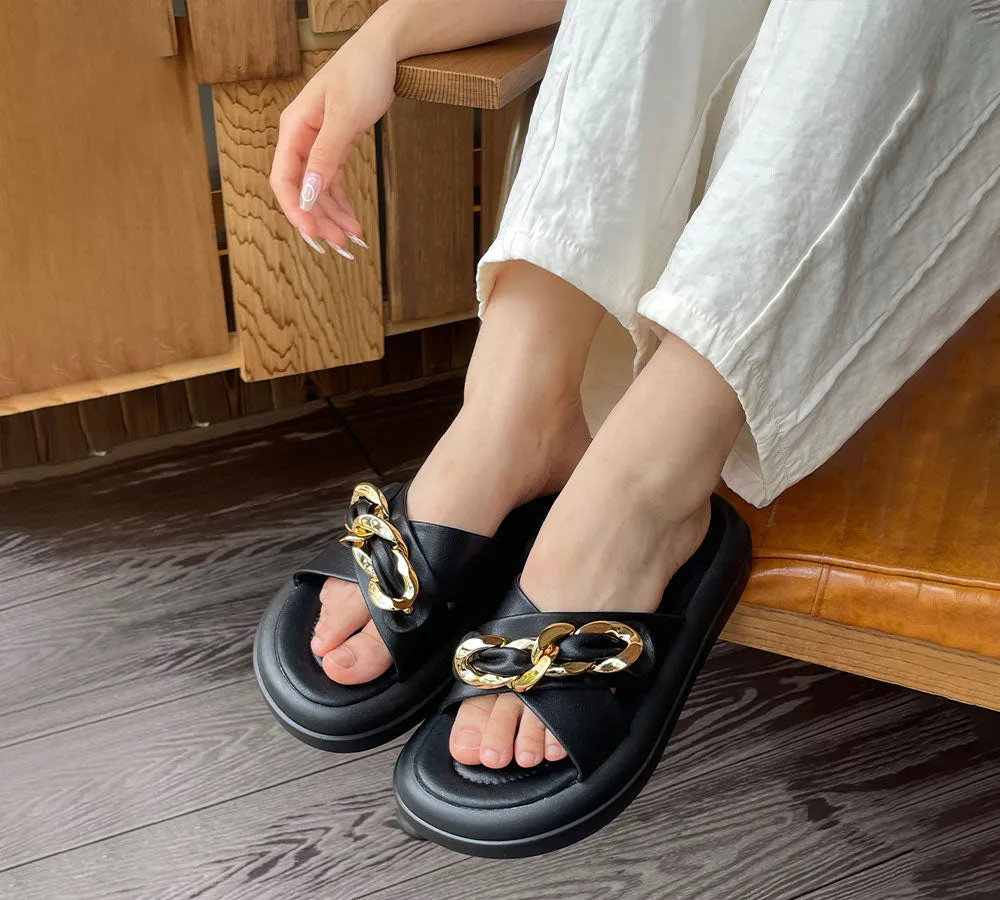 Women Slides Metal Decor Crossover Platform Chiffon